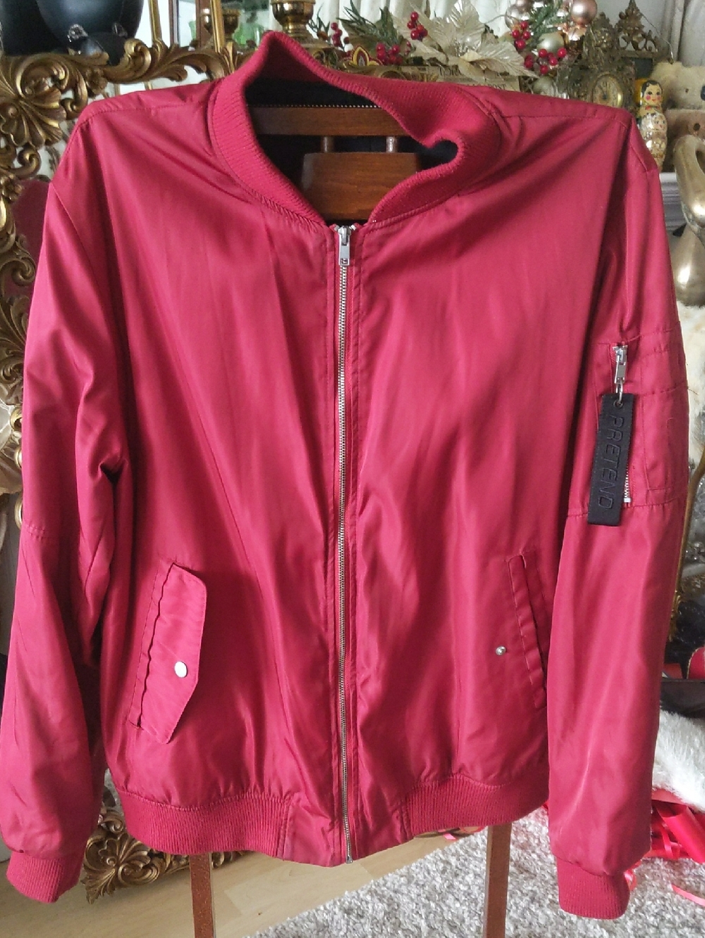 Bershka Deep Red Women's Bomber Jacket with Zip